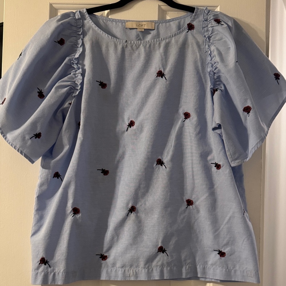 LOFT Blue Blouse with Floral Embroidery